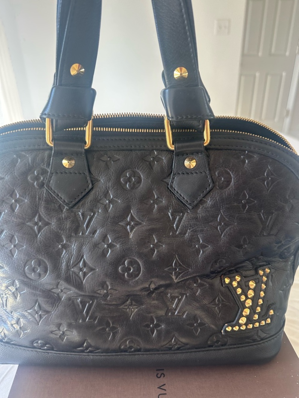 Louis Vuitton Black Embossed Monogram Satchel with Gold Stud Accents - Picture 9 of 9
